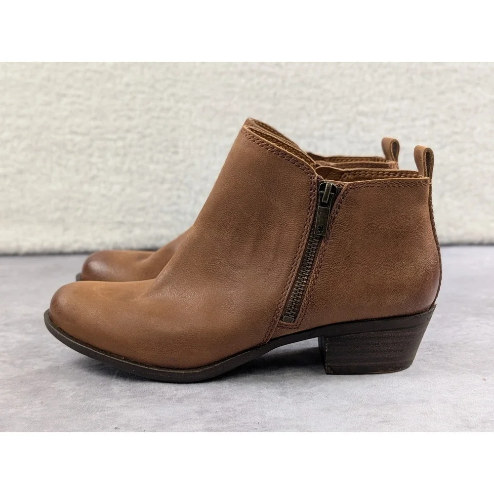 Lucky Brand Basel Tan Leather Ankle Booties Womens 8W Round Toe Low Block Heel
